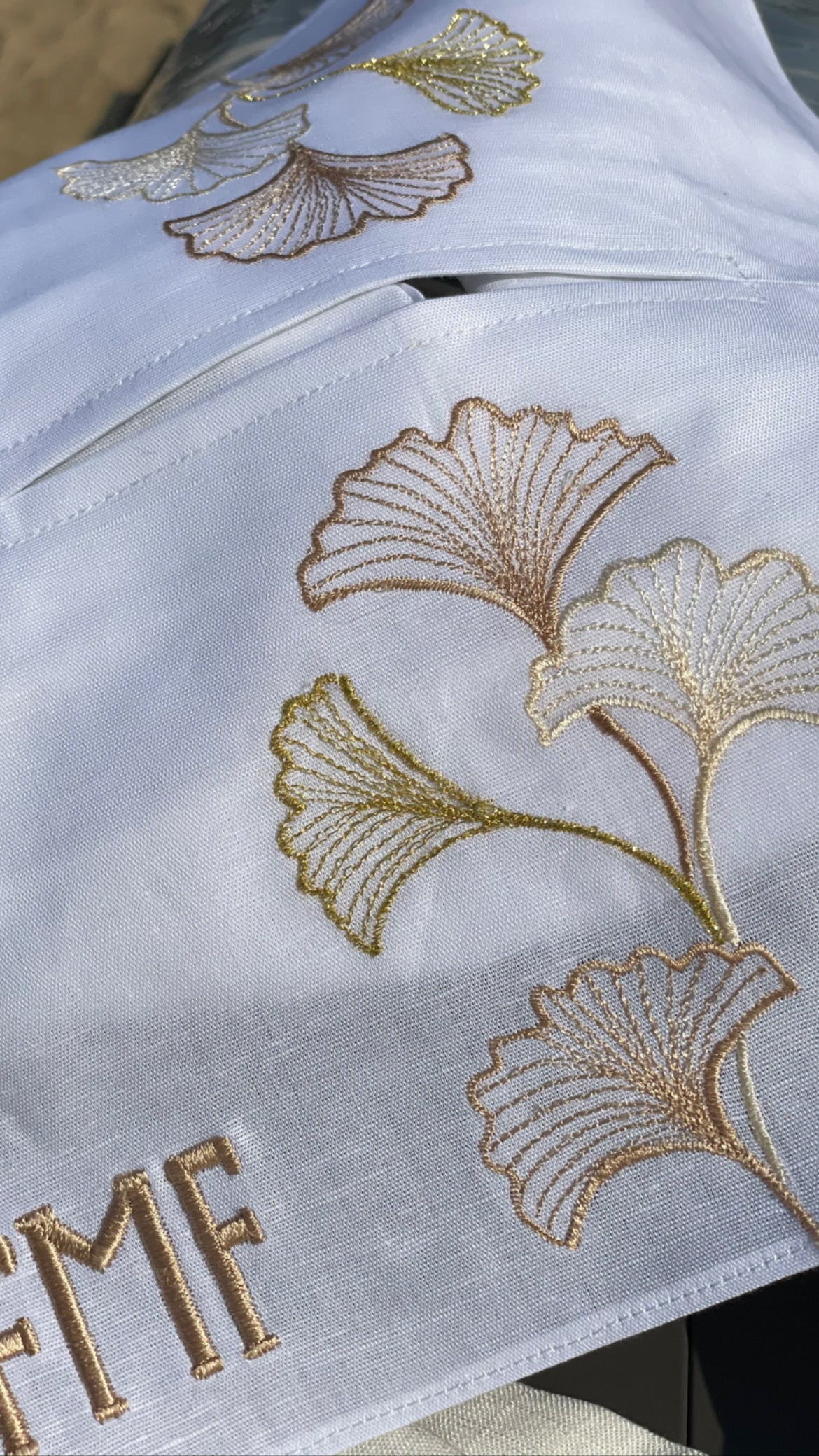 Tissue cover gold embroidered ginkgo flower